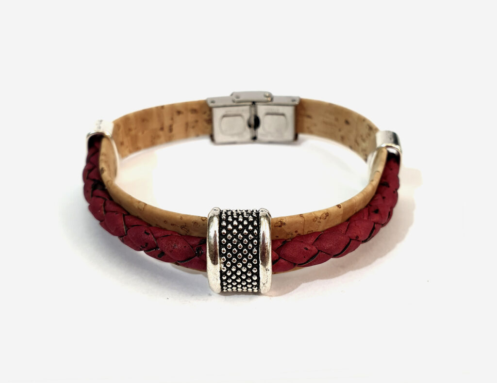 Cork bracelet, bracelets, vegan ideas, sustainable fashion, Made in Portugal red-natural cork