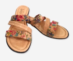 Flower Print Cork Slippers With Three Straps 308