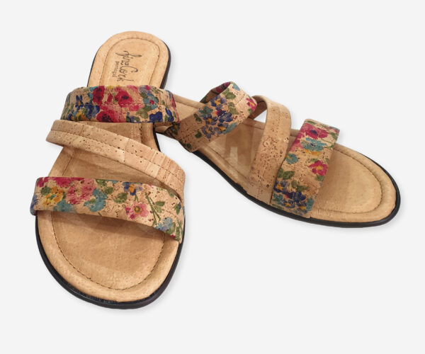 Flower Print Cork Slippers With Three Straps 308