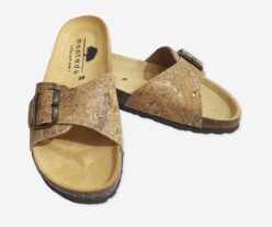 Gold Cork Flat Slippers With Adjustable Strap 2001