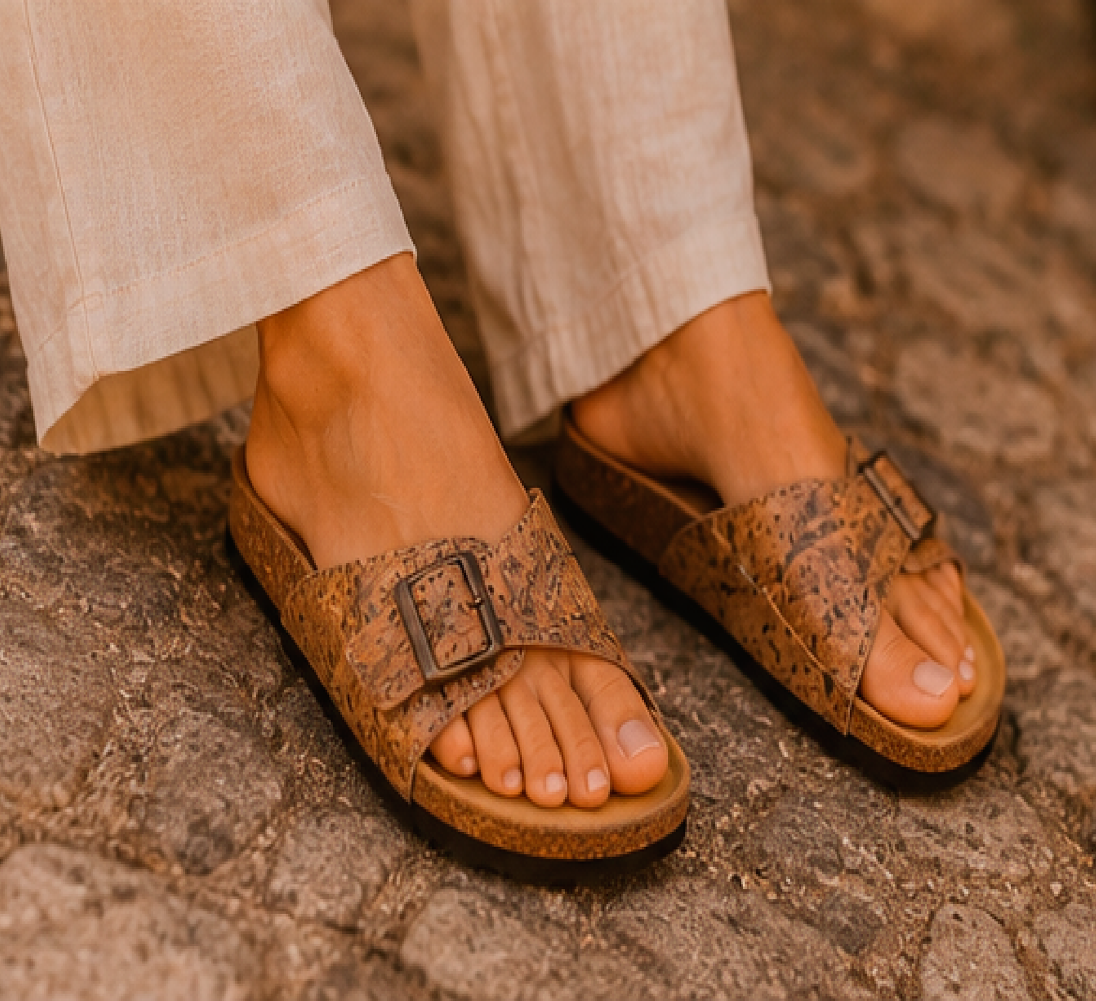 Gold Cork Flat Slippers With Adjustable Strap 2001 - Image 2