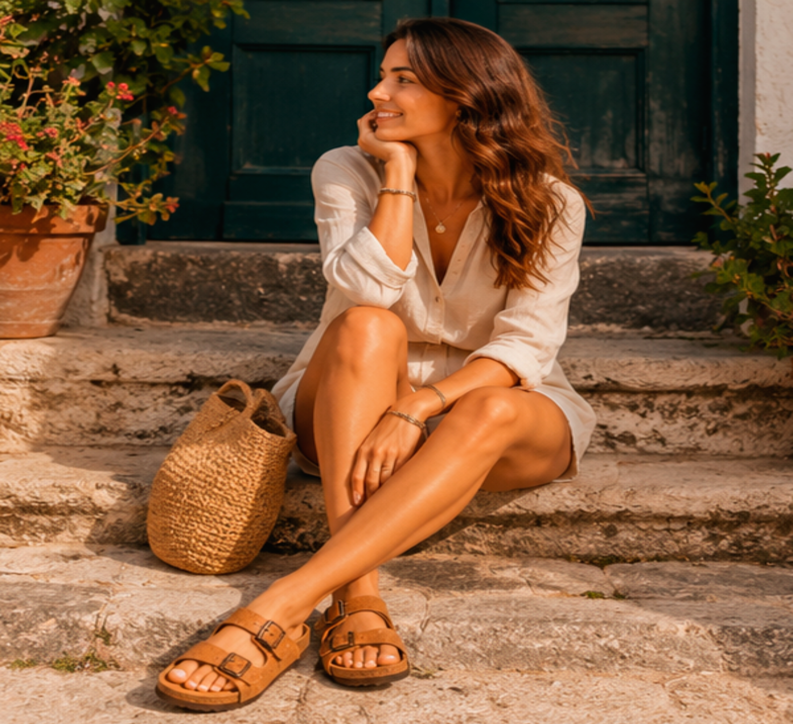 Women Cork Light Brown Flat Slippers with Two Adjastable Straps 1585 - Image 2