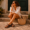 Women Cork Brown Flat Slippers with Two Adjastable Straps 1585 - Thumbnail Image 4